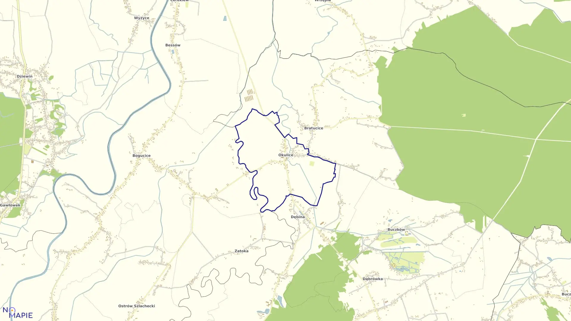 Mapa obrębu Okulice w gminie Rzezawa