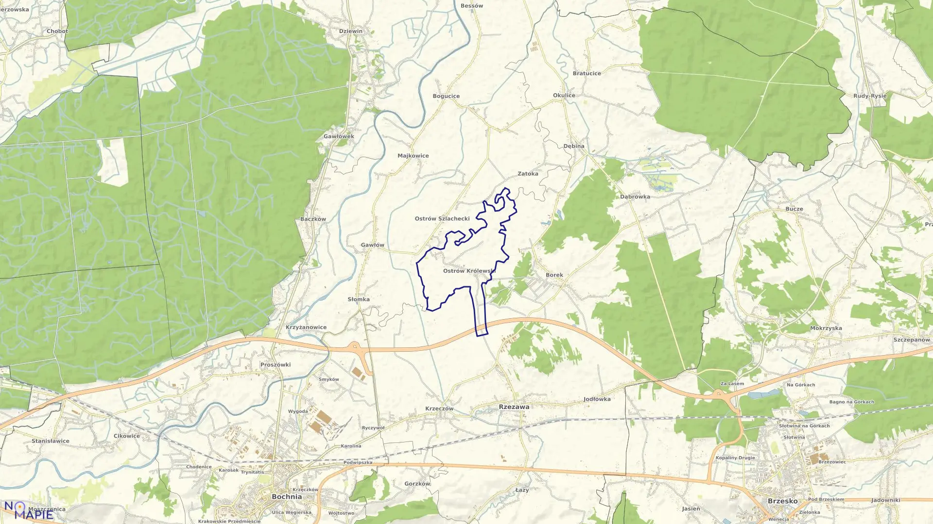 Mapa obrębu Ostrów Królewski w gminie Rzezawa